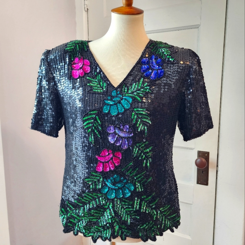 Vintage Stenay Sequin Beaded  Floral Top, Size M